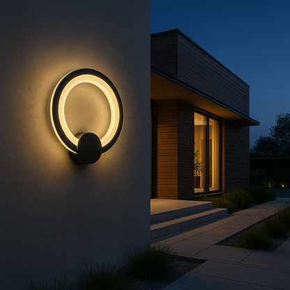 Orbix LED wall light with modern circular design and warm ambient glow